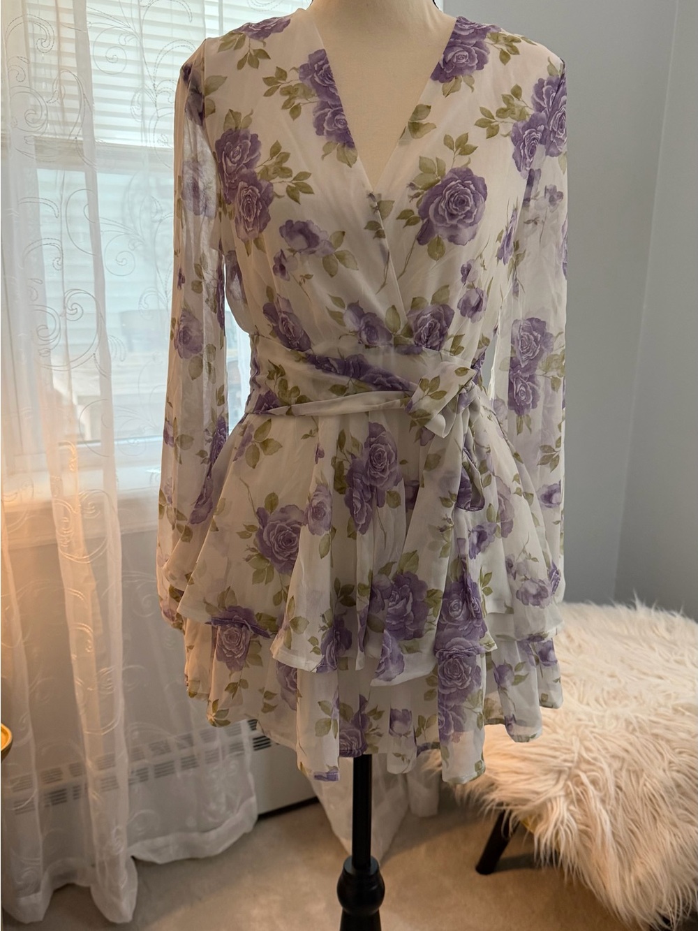 Francesca's Audrey Parks Lavender Floral Wrap Tiered Long Sleeve Dress